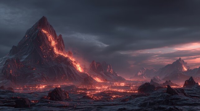 A breathtaking digital artwork of a volcanic landscape at twilight, with molten lava flowing from the mountains and rocks illuminated by the setting sun. The sky is a mix of dark and light hues.