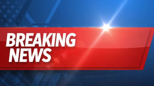 Breaking news banner animation with bold white text, glossy red panel, and blue television broadcast background.