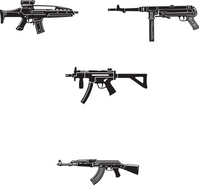 Set of automatic firearms icons isolated on white background rifle and SMG stencils