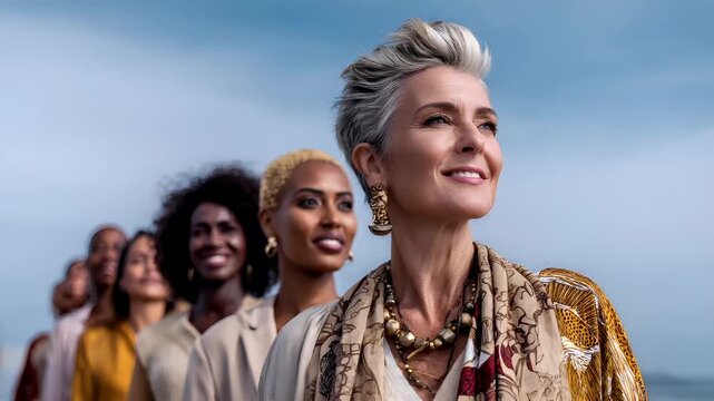 Female diversity. Human rights, equal opportunity concept. A portrait of a woman with short, silver hair, wearing a white blouse and a patterned scarf, looking upwards with a serene expression.