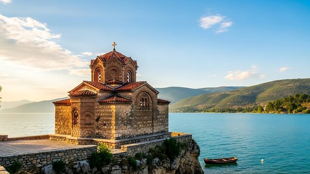 Ancient stone church on serene lake.