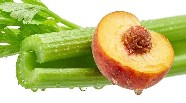 Fresh green celery stalks with a ripe peach half