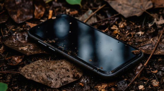 Smartphone lies on forest floor covered in dirt and fallen leaves. The dark screen reflects its surroundings. Device is lost or abandoned in nature.