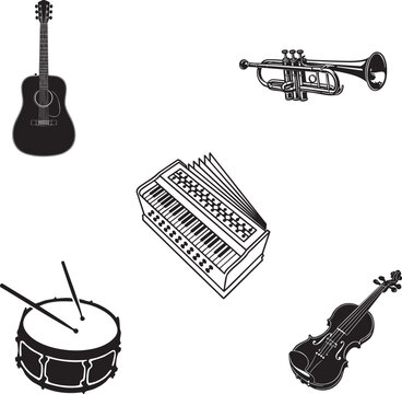 Musical instruments vector icon set including guitar trumpet harmonium drum and violin