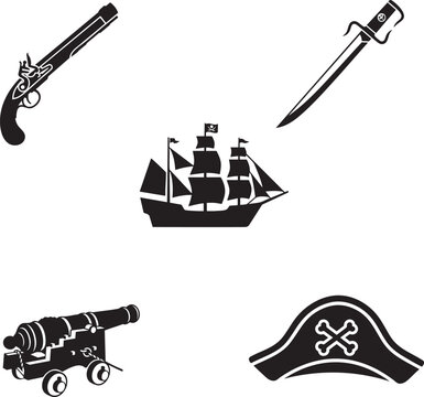 Pirate vector icon set with sailing ship flintlock pistol cutlass cannon and captain hat