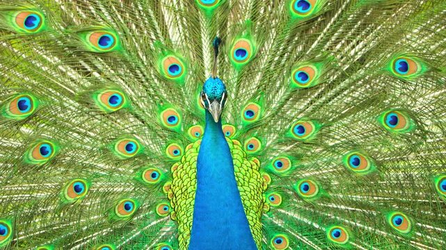 Stunning male peacock displaying its vibrant tail feathers in a fan