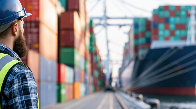Port worker in safety gear looking at shipping containers and cargo ship in harbor