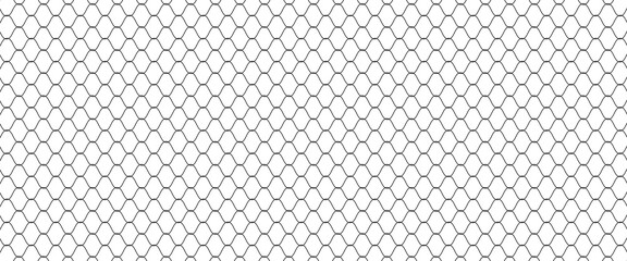Fishing or soccer net. Repeated hexagon pattern. Black wired mesh texture isolated on white background. Metallic or fabric fence, cage or lattice structure. Vector graphic Illustration. © Maidi