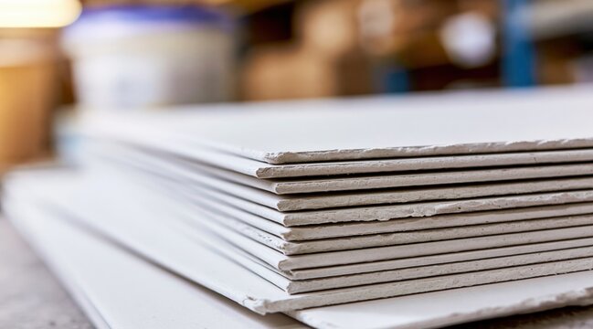 Stack of plasterboard sheets in warehouse