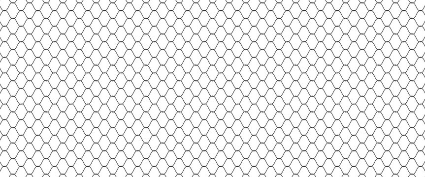 Fishing or soccer net. Repeated hexagon pattern. Black wired mesh texture isolated on white background. Metallic or fabric fence, cage or lattice structure. Vector graphic Illustration.