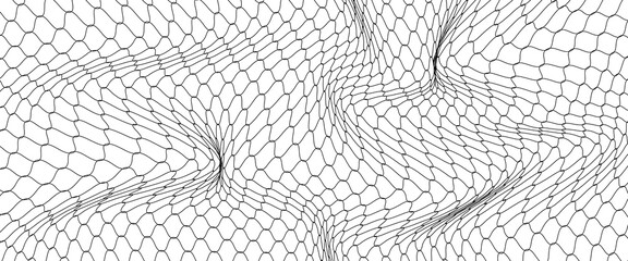 Fishing or soccer net. Repeated hexagon pattern. Black wired mesh texture isolated on white background. Metallic or fabric fence, cage or lattice structure. Vector graphic Illustration. © Maidi