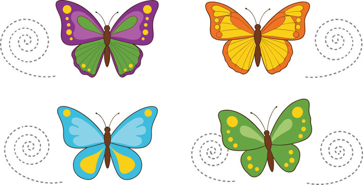 Educational tracing lines game worksheet featuring colorful butterfly flight paths cartoon vector illustrations for children activity