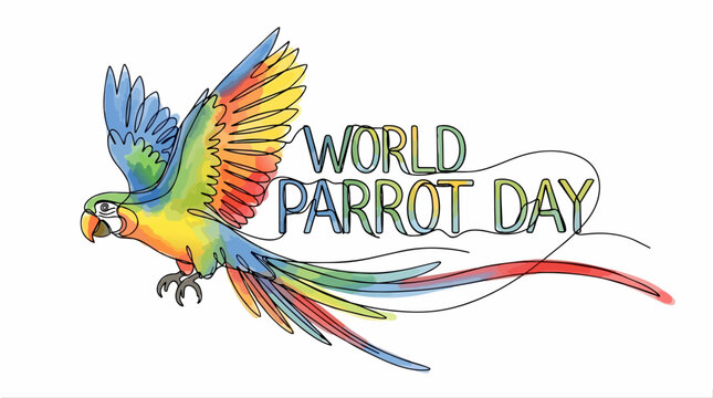 World Parrot Day Banner with Colorful Watercolor Macaw Parrot Flying in Continuous Line Art Style