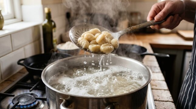 Hand holding strainer with gnocchi being drained over pot of boiling water with steam rising in kitchen