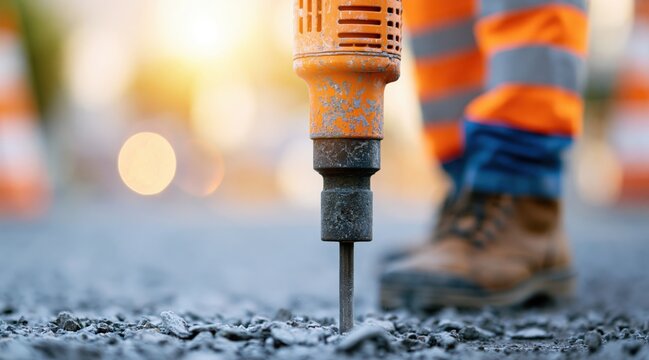 Close up of worker using pneumatic jackhammer on asphalt road