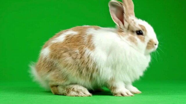 A fluffy domestic rabbit with white and brown spotted fur captured in a studio setting suitable for pet care spring and Easter-themed projects