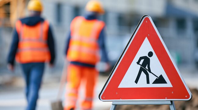 Road construction sign with blurred workers in background