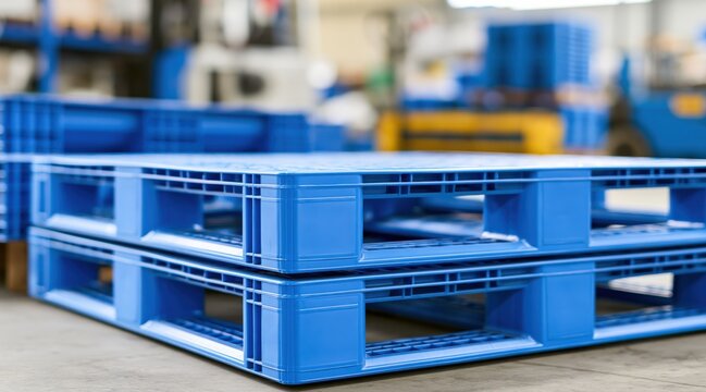 blue plastic pallets stacked on floor in warehouse