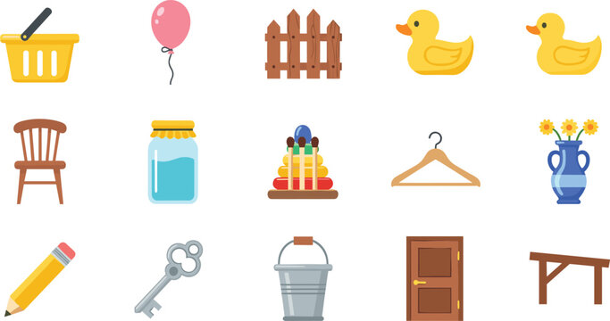 Find all wooden objects educational worksheet vector icon set featuring fence chair door table and hanger illustrations