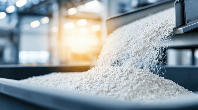 White powder pouring from metal chute in industrial factory