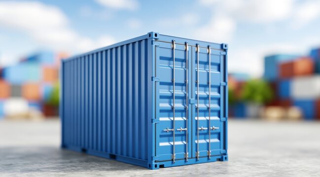 Blue metal cargo shipping container in container terminal yard