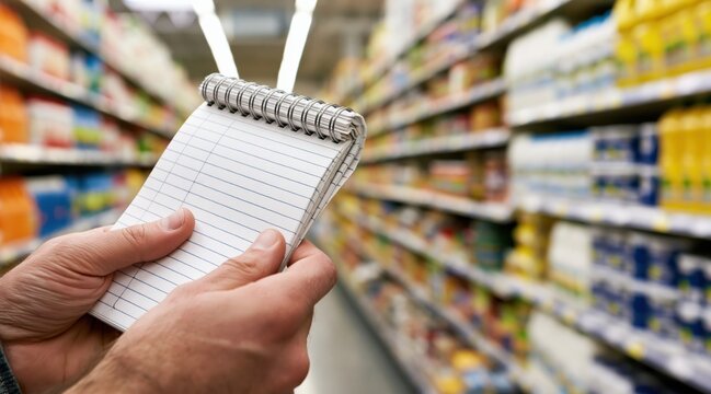 Hands holding blank spiral notepad in grocery store aisle