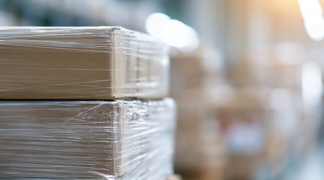 Cardboard boxes wrapped in plastic film stacked in warehouse