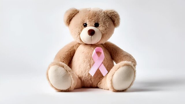 Breast cancer awareness day. A soft, plush teddy bear sits against a plain, lightcolored background. The bear has a light brown fur texture and a white face with black eyes and a red nose.