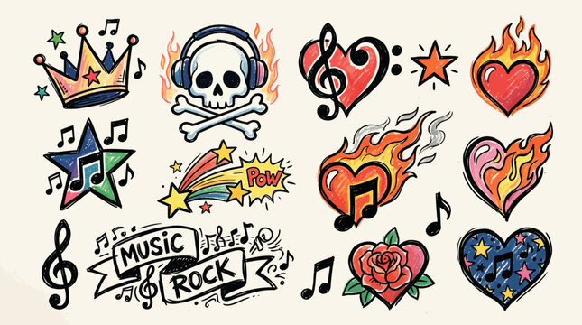 A collection of vibrant temporary tattoos featuring music and rock inspired designs. ,   vector illustration sets