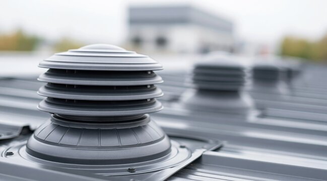 Close up of exhaust vents on corrugated metal rooftop