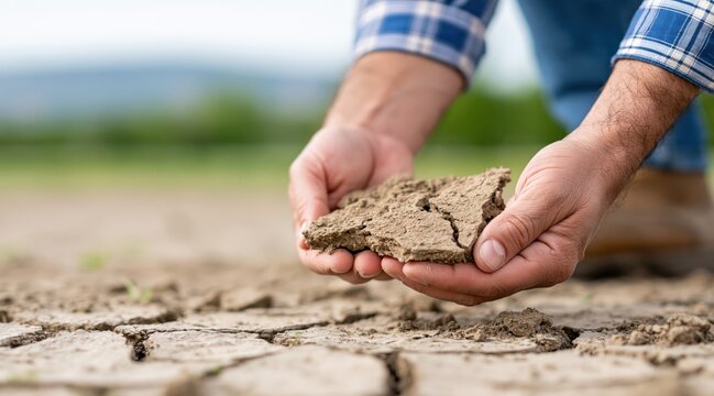 Farmer holding piece of dry cracked earth in hands during drought