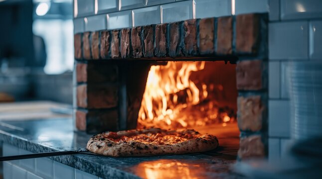 Fresh pizza cooking in wood fired brick oven with fire flames in restaurant kitchen