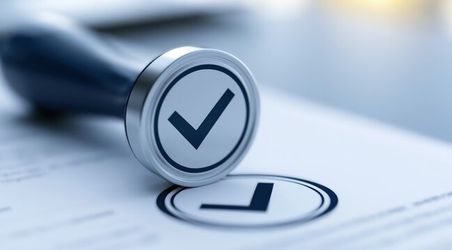 Metal stamp with checkmark symbol on paper document