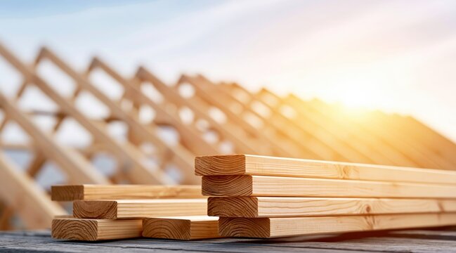 Wooden planks stack at construction site with roof trusses in background
