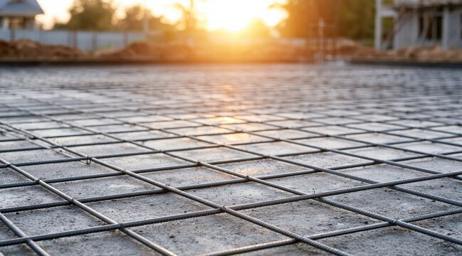 Steel reinforcement mesh on foundation at construction site during sunset