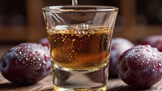 Pouring Plum Brandy into a Shot Glass Surrounded by Fresh Plums.