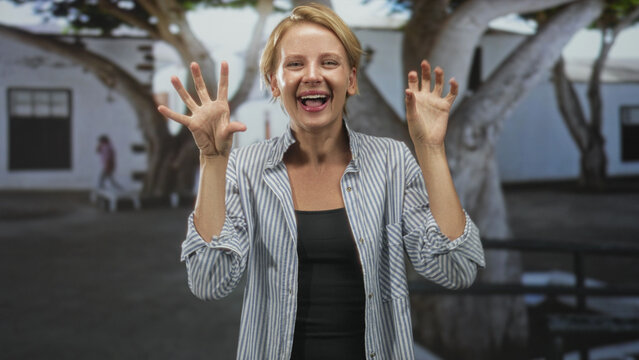 Woman spreads hands with fingers splayed and smiles while playfully clawing toward camera in building courtyard; joy playful fun.