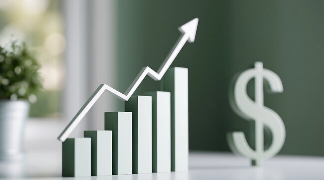 3D bar graph with rising arrow and dollar sign symbol on desk