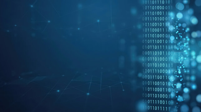 Abstract digital background, featuring glowing blue, binary code and, data streams with, bokeh light particles, floating in a, dark technological environment