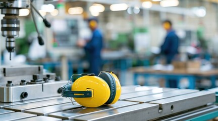 Fototapeta premium Yellow hearing protection earmuffs on metal surface in factory with blurred workers