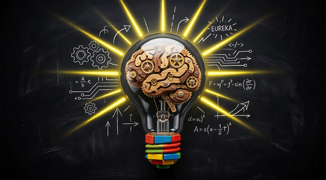 Creative Light Bulb Brain Concept with Mechanical Gears, Innovation Idea Technology, Science Formulas and Artificial Intelligence Thinking Illustration