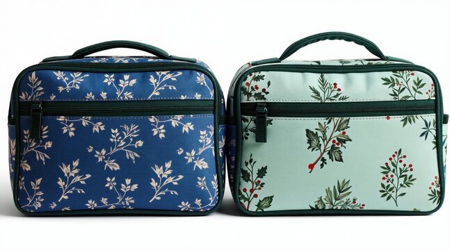 Two patterned lunch bags sit side by side against white. Blue bag features white floral design. Light green bag has red berry and green leaf pattern. Both bags have zippers and handles.