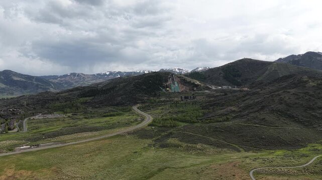Aerial of Utah Olympic Park near Park City in Wasatch Range in spring