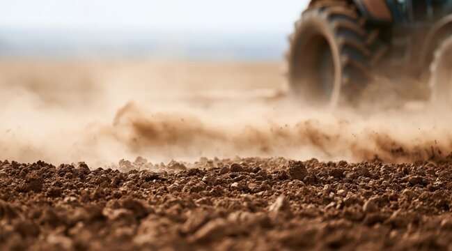 Ground level view of plowed soil with dust and blurred tractor wheel in background