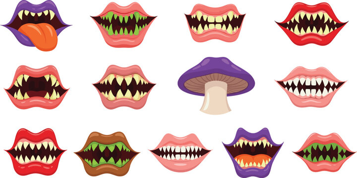 Scary monster mouth vector icon set with sharp fangs teeth mushroom and spooky lips for halloween design