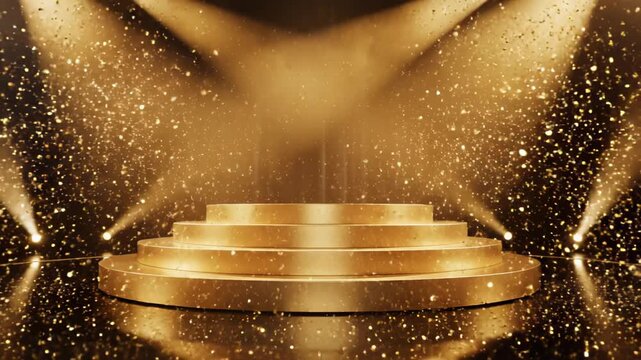 Golden Stage Platform with Spotlight Illumination.