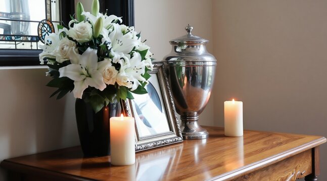 Silver urn with white flowers, framed photo, and lit candles. Peaceful memorial setting on wooden table. Sadness remembrance of loved ones, end of life.