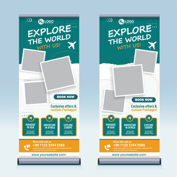 Travel roll up banner template, tourism exhibition standee banner vector design