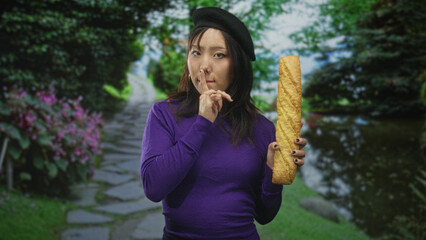 Fototapeta premium Woman holding a baguette with finger to lips shushing on a forest path beside a pond and flowers; mischief secrecy.