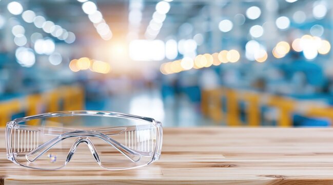Protective safety goggles on wooden table in blurred industrial workshop background